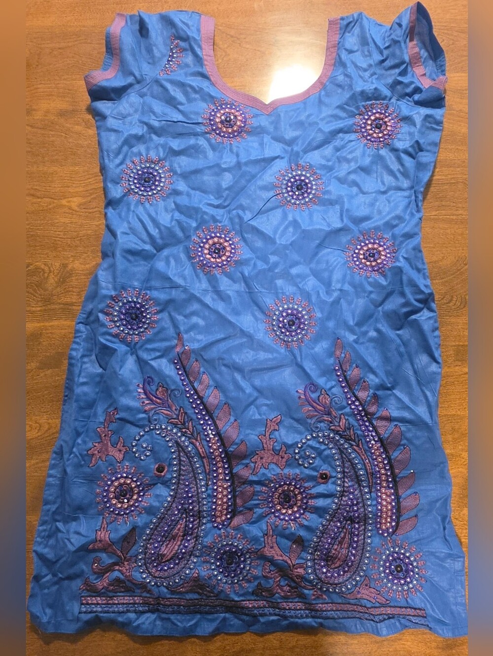 Embroidered Blue Kurti Tunic with Purple Accents